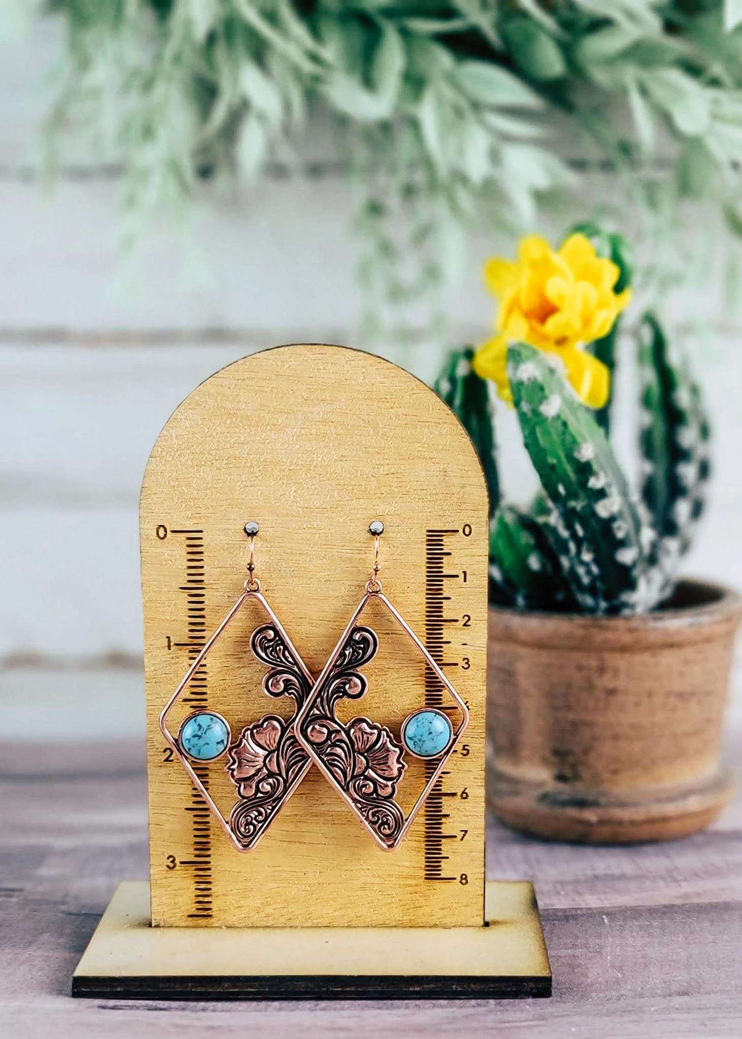 Copper & Turquoise Diamond Floral Earrings - Image 2