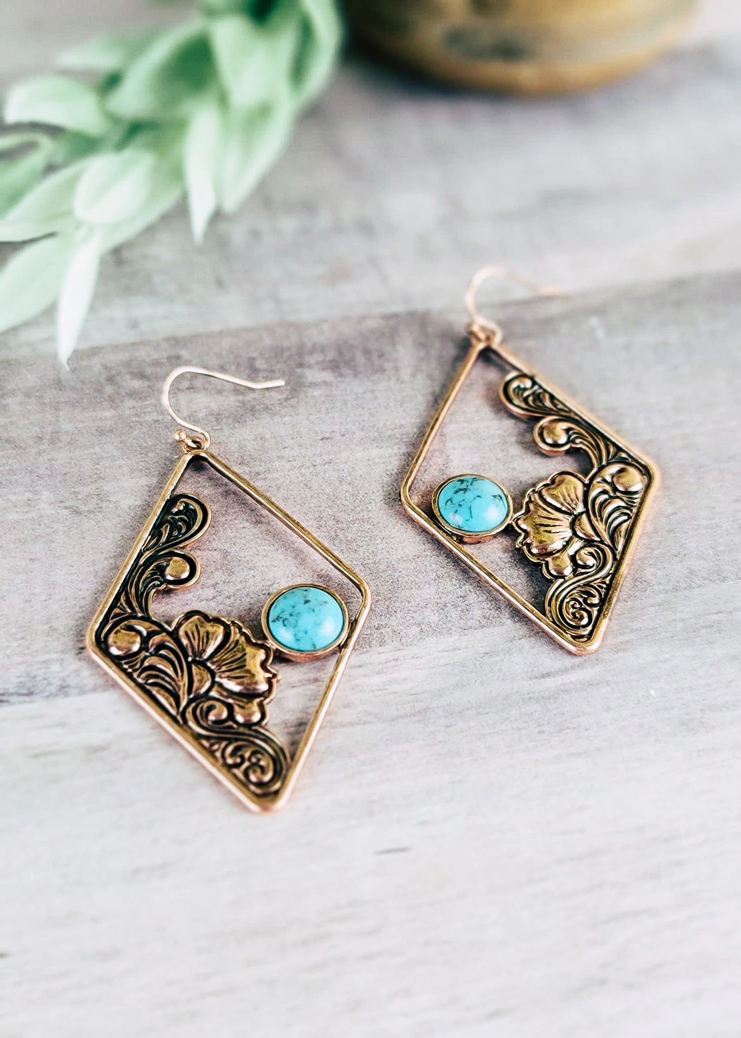 Copper & Turquoise Diamond Floral Earrings
