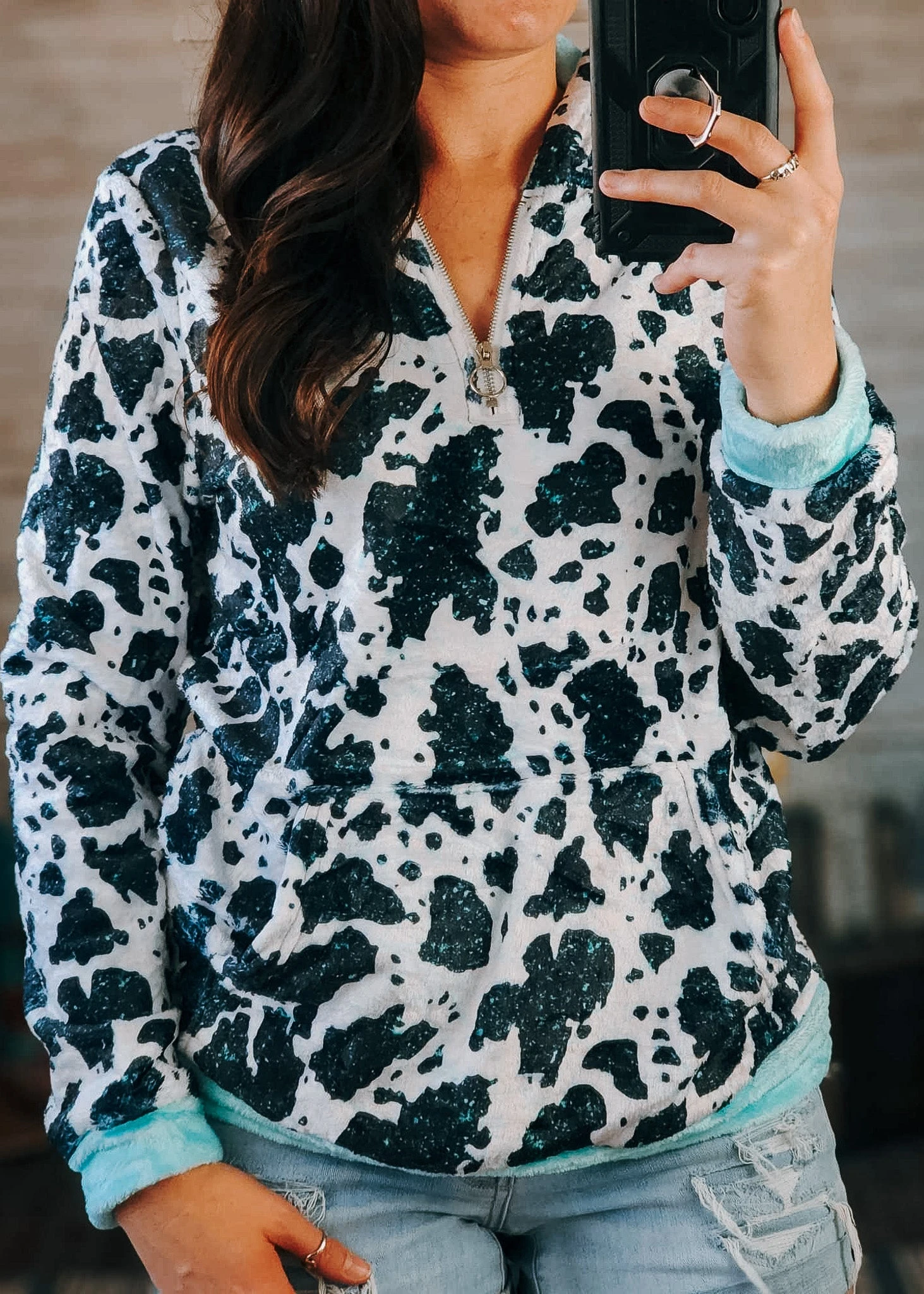 Cowprint & Turquoise Fleece Zip Hoodie - Image 3