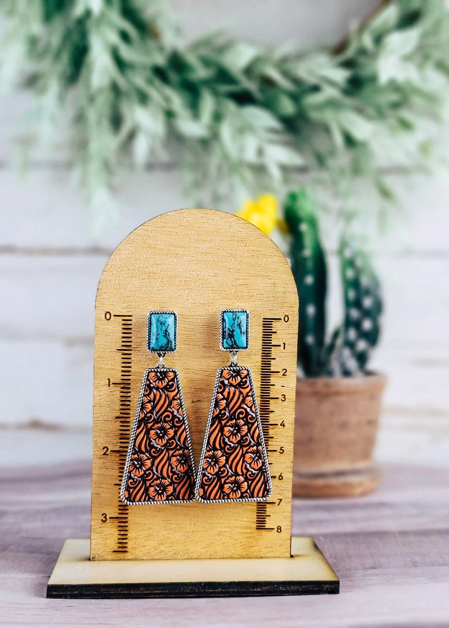 Floral Leather And Turquoise Stone Earrings - Image 2