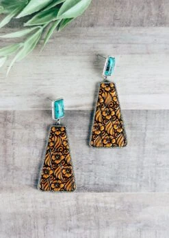 Floral Leather And Turquoise Stone Earrings
