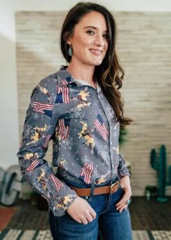 Gray American Flag Horse Long Sleeve Button Down [EXCLUSIVE PRINT]