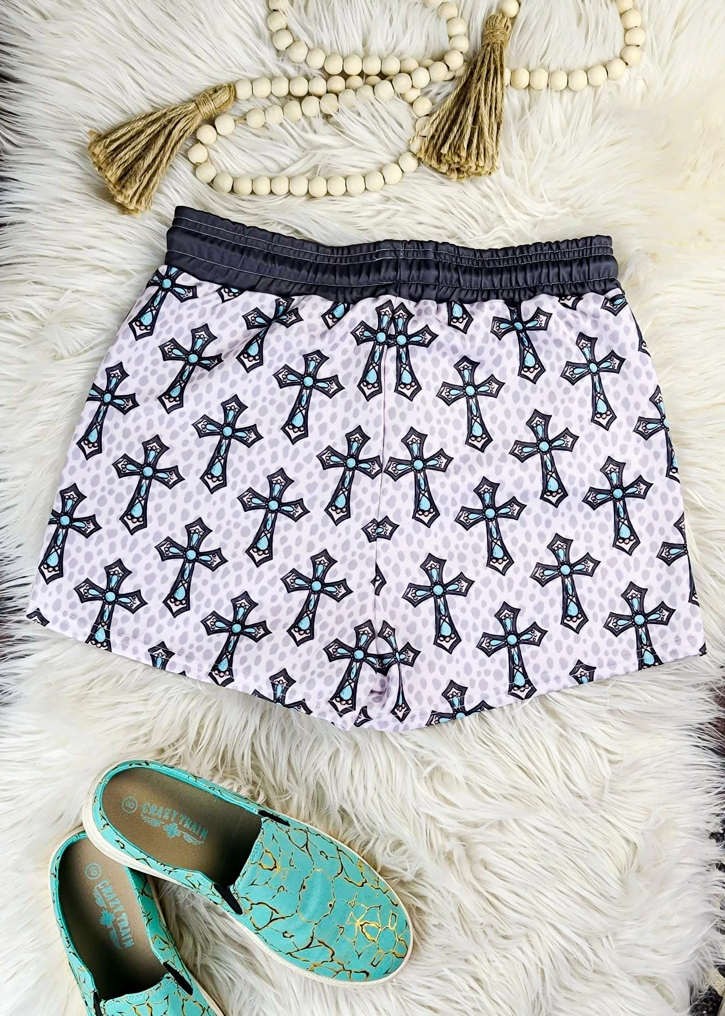 Gray & Turquoise Cross Drawstring Shorts - Image 3