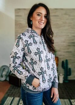 Gray & Turquoise Cross Hoodie