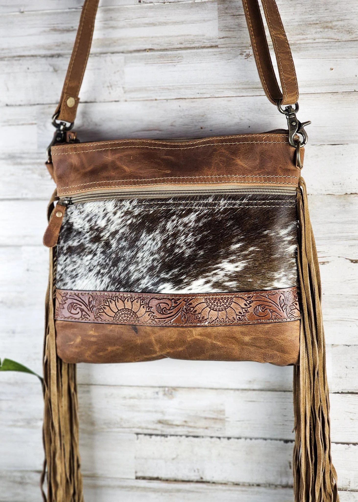 Leather Sunflower Fringe Crossbody Handbag - Image 3