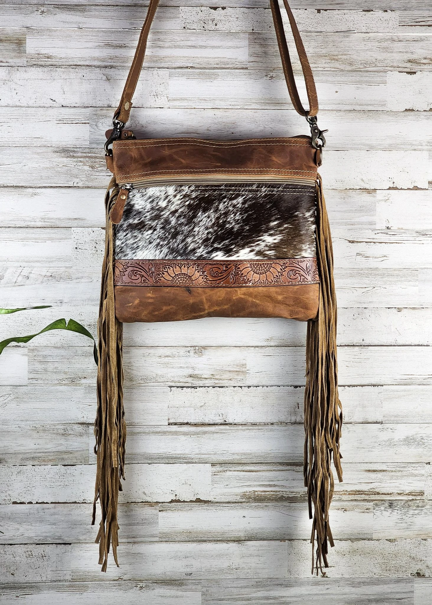 Leather Sunflower Fringe Crossbody Handbag