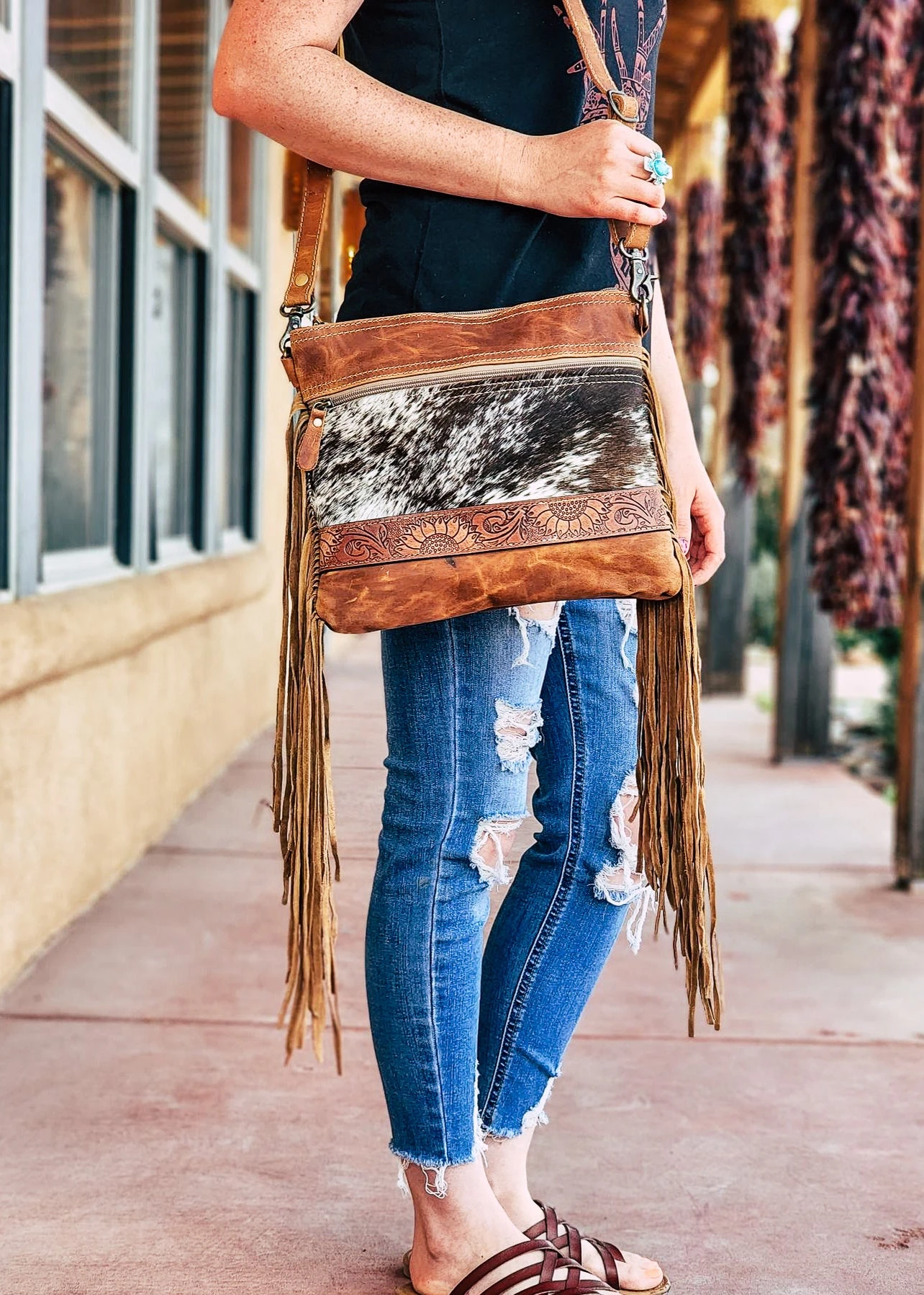 Leather Sunflower Fringe Crossbody Handbag - Image 2