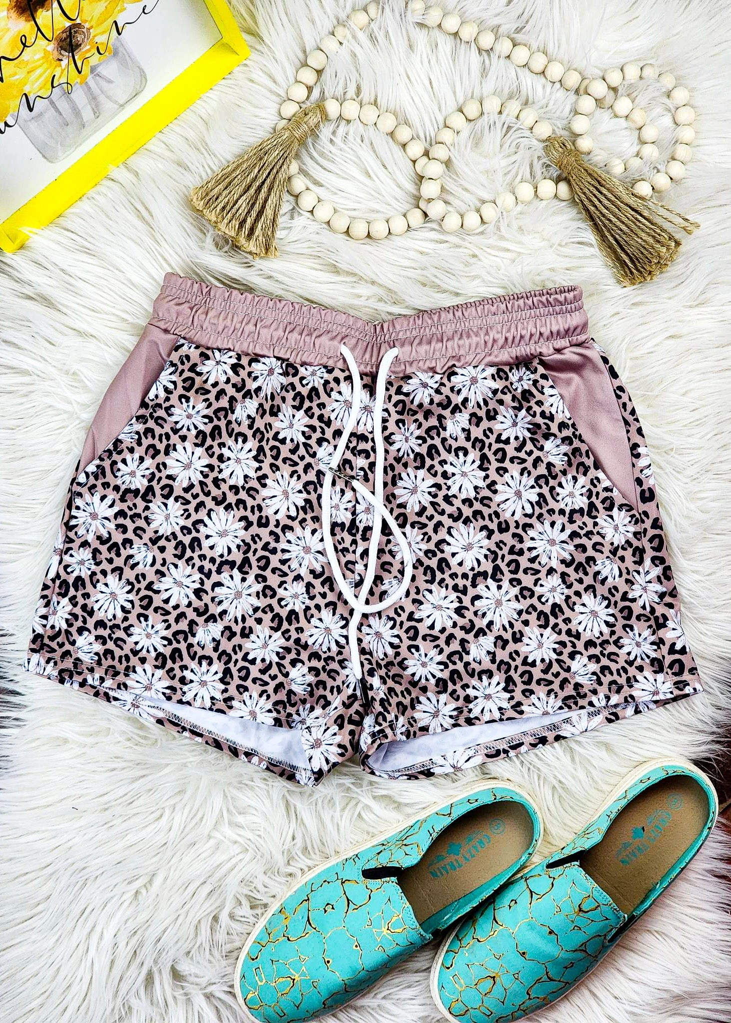 Leopard Daisy Drawstring Shorts