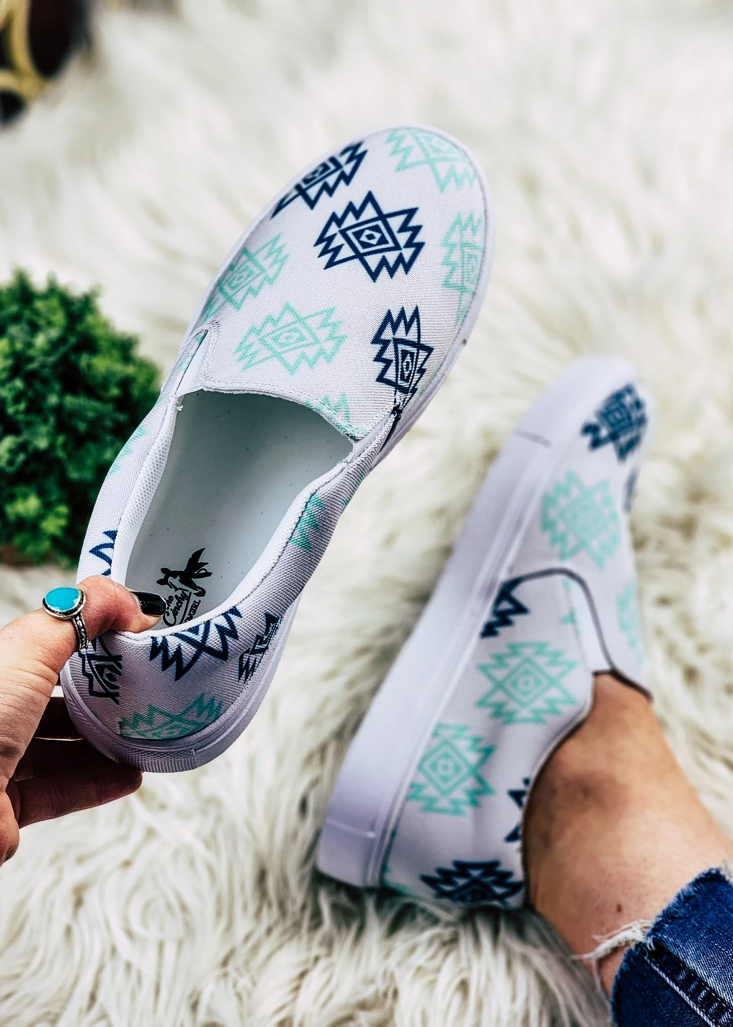 Mint & Navy Aztec Slip On Sneaker Shoes