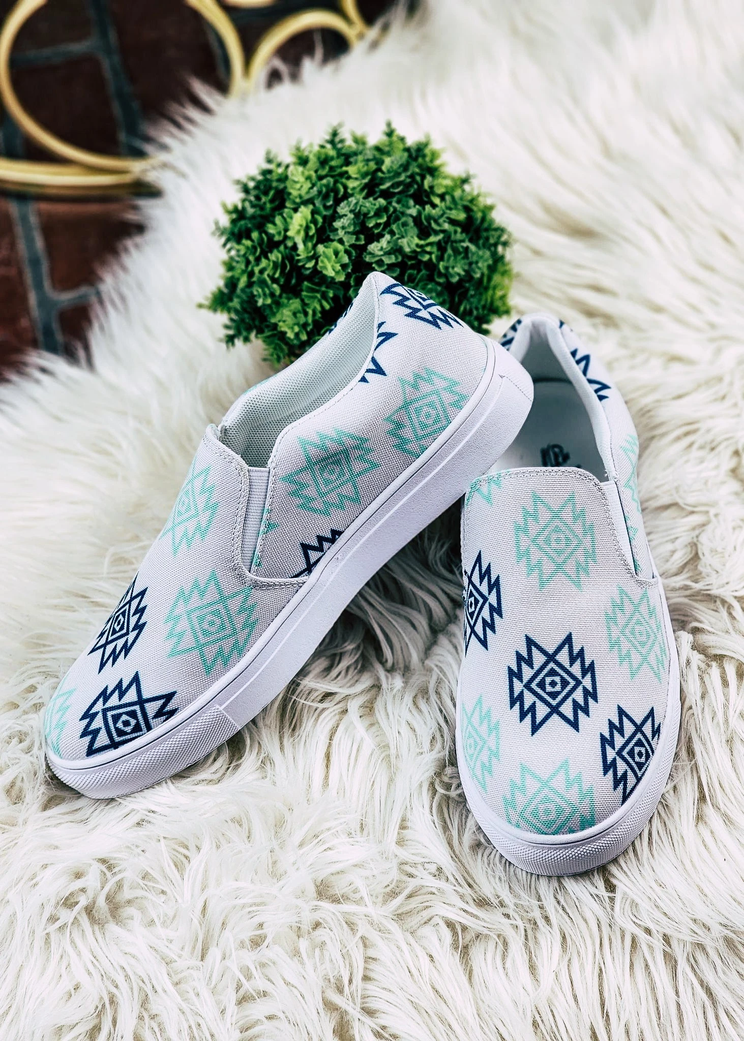 Mint & Navy Aztec Slip On Sneaker Shoes - Image 5