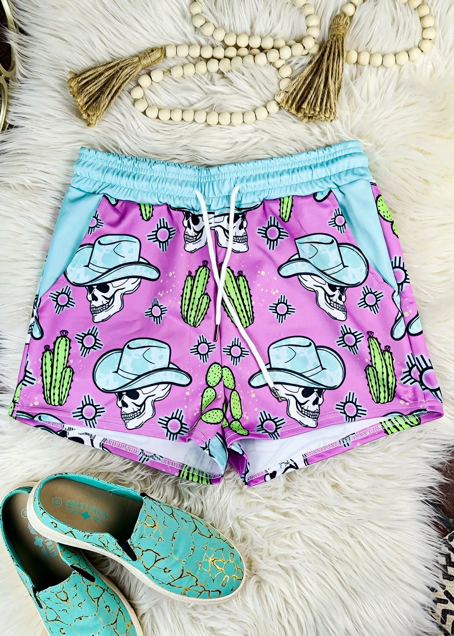 Pink Zia Skull Drawstring Shorts