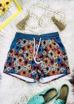 Retro Floral Cowhide Drawstring Shorts