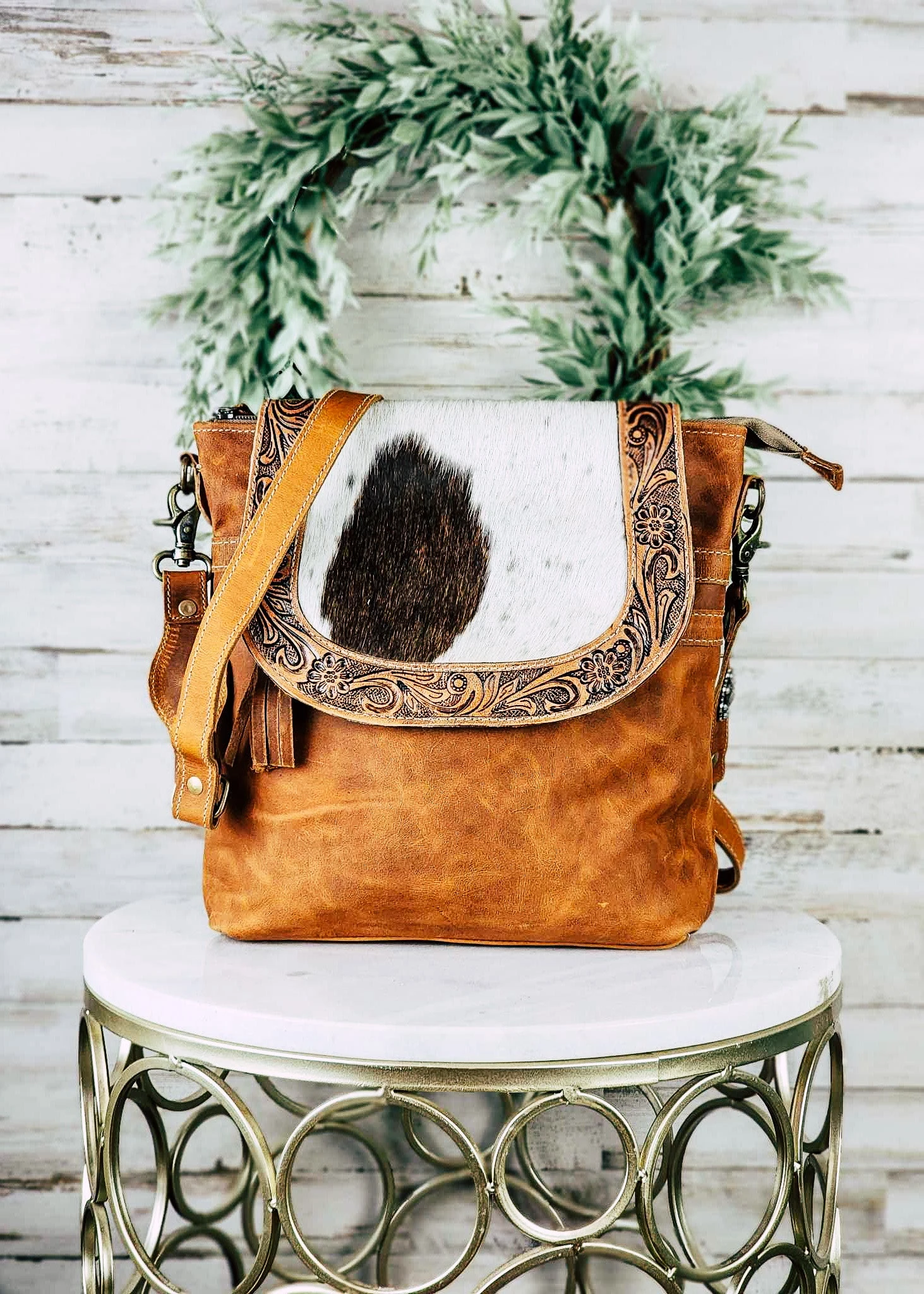 Saddleback Cowhide Crossbody Handbag