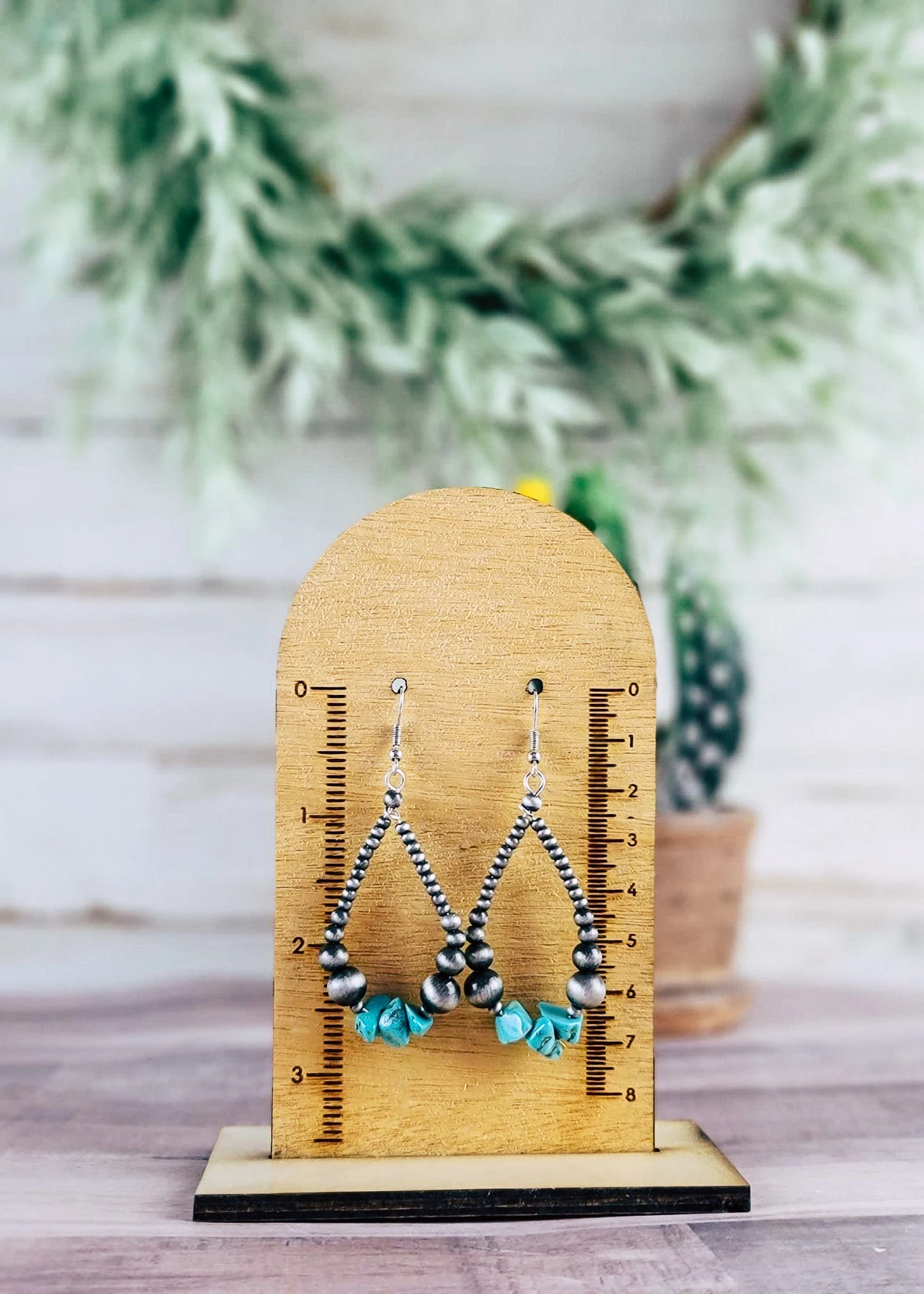 Silver & Turquoise Stone Teardrop Beaded Earrings - Image 2