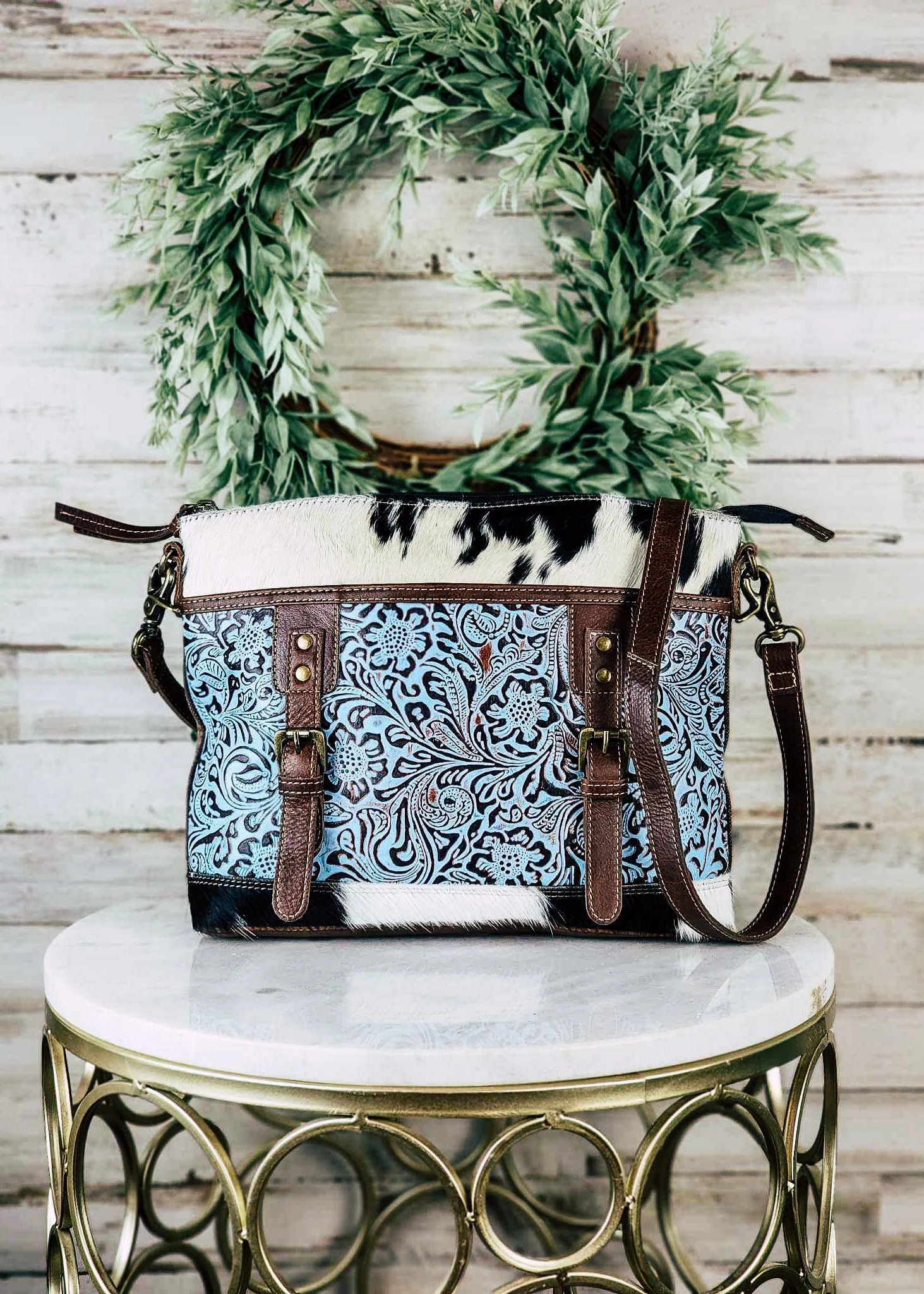Summer Floral Cowhide Crossbody Handbag