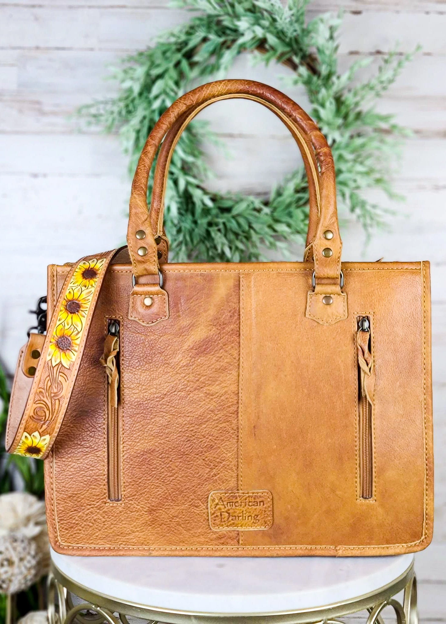 Sunflower Cowhide Tote Handbag - Image 5