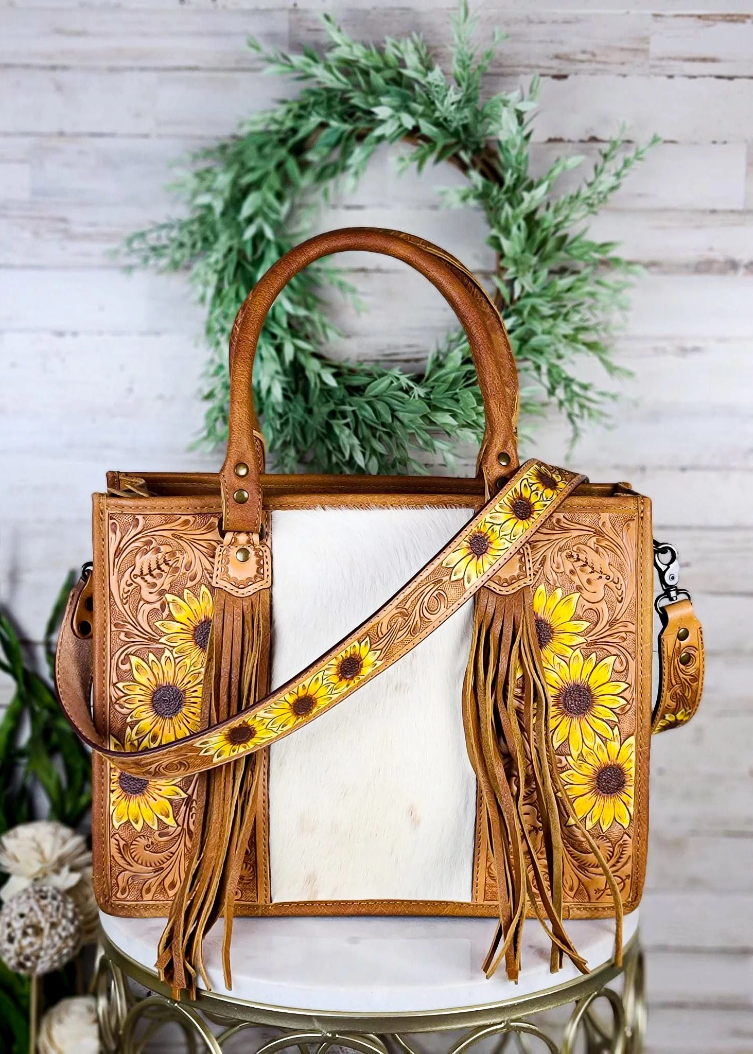 Sunflower Cowhide Tote Handbag - Image 2