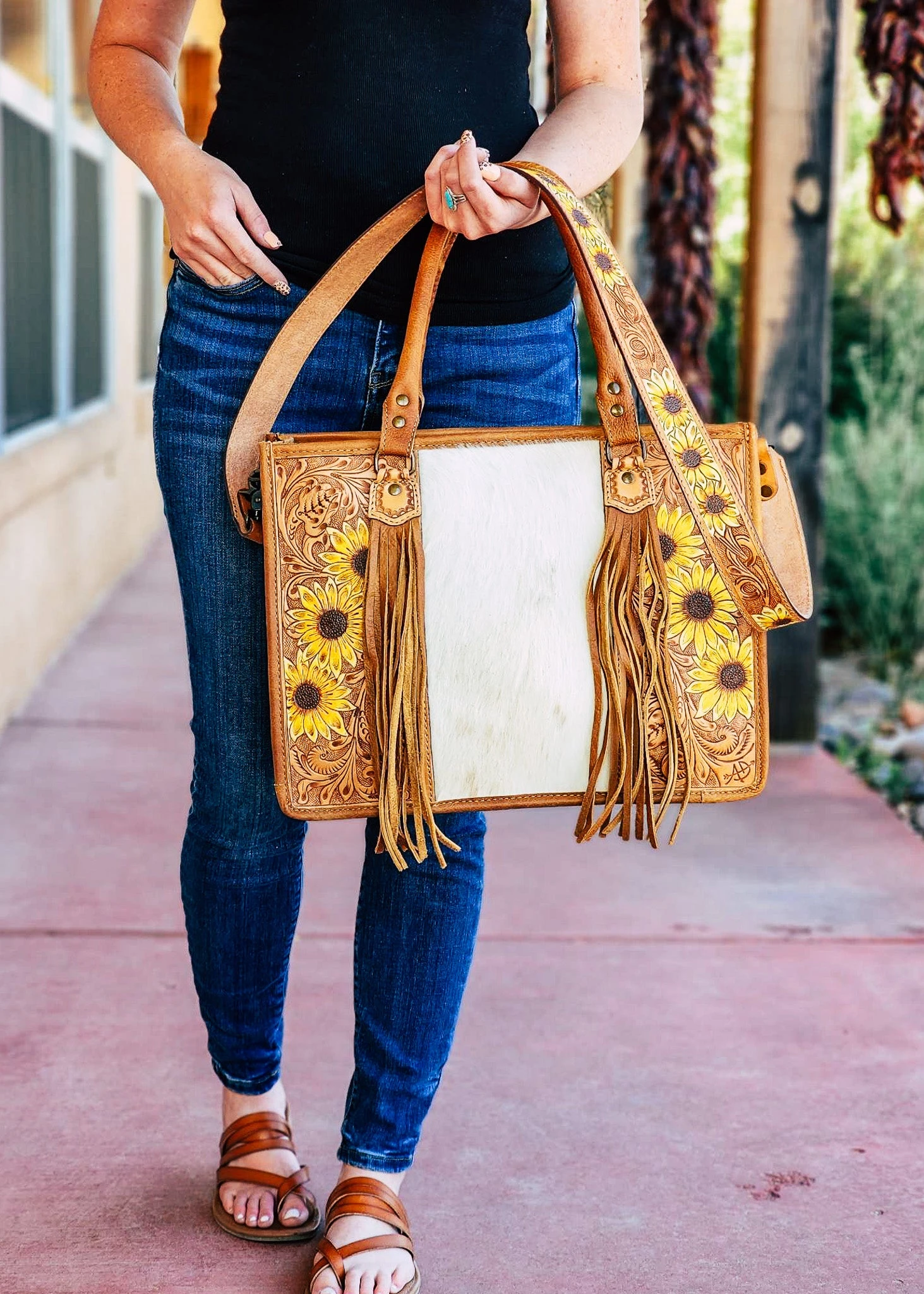 Sunflower Cowhide Tote Handbag