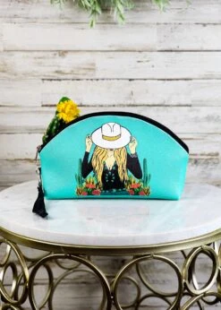 Trendy Cowgirl Turquoise Zip Cosmetic Bag