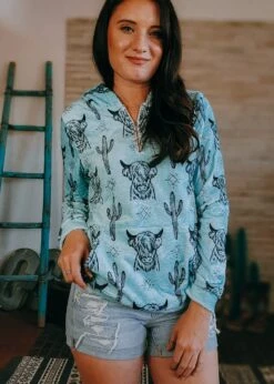 Turquoise Highland Cow Fleece Zip Hoodie