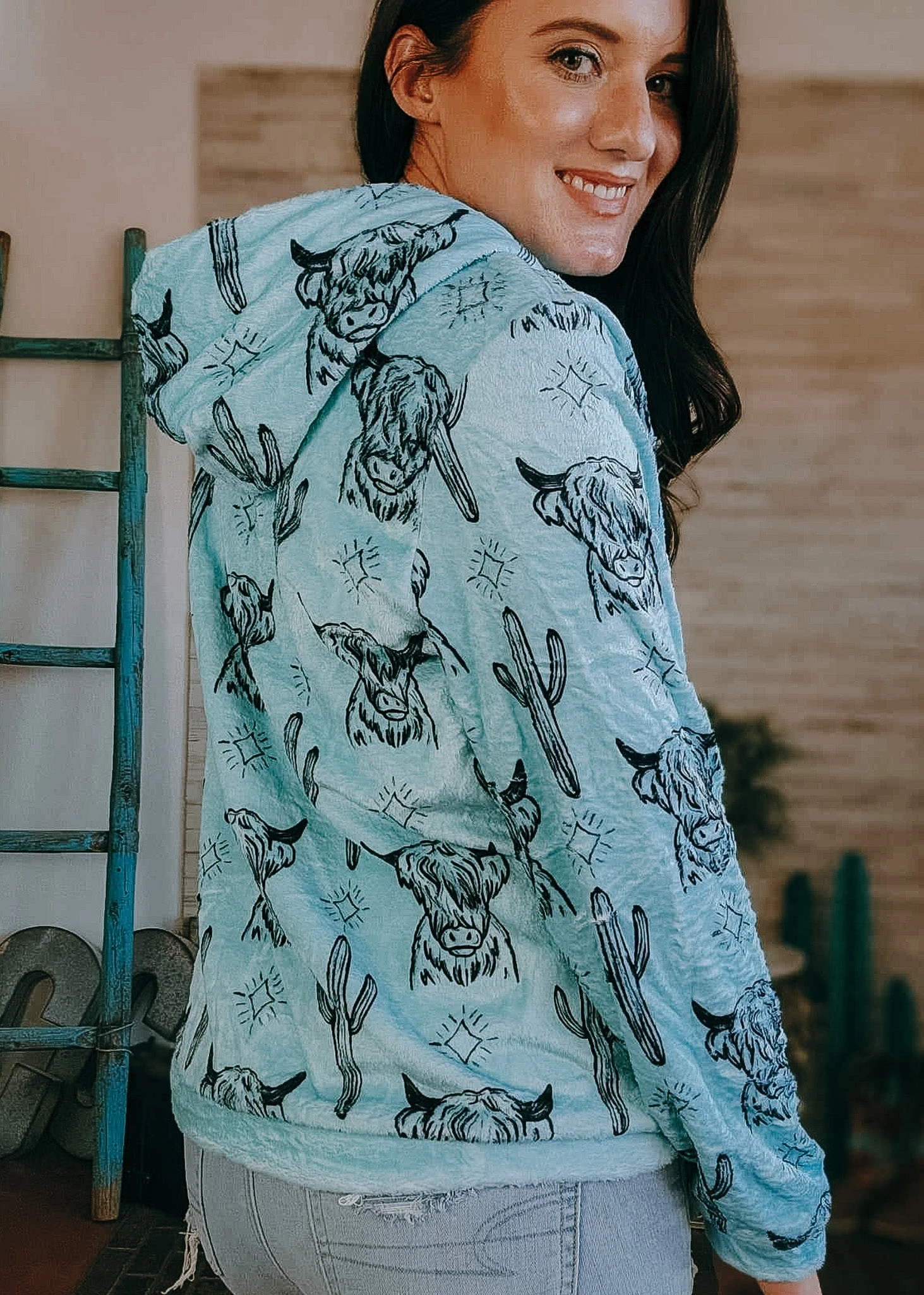 Turquoise Highland Cow Fleece Zip Hoodie - Image 5