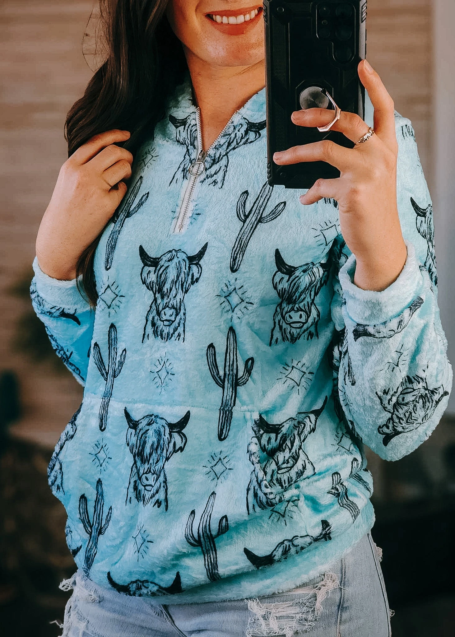 Turquoise Highland Cow Fleece Zip Hoodie - Image 3