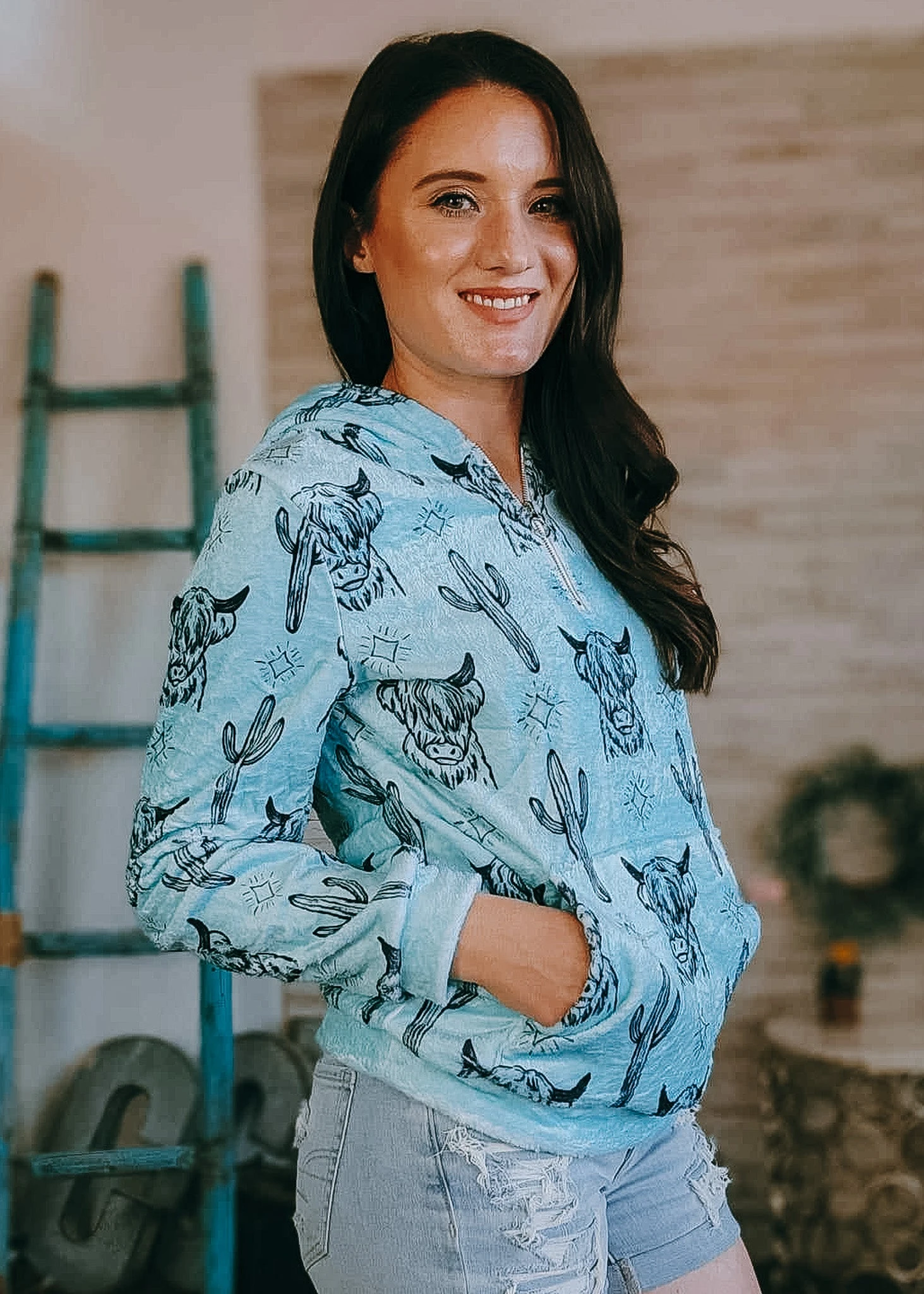 Turquoise Highland Cow Fleece Zip Hoodie - Image 2