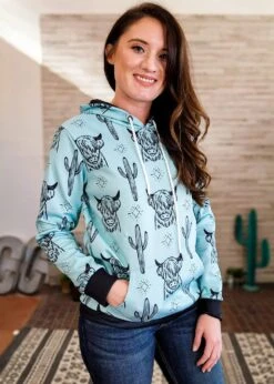 Turquoise Highland Cow Hoodie