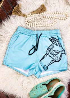 Turquoise Western Horse Head Drawstring Shorts