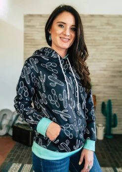 Turquoise & Black Cactus Hoodie