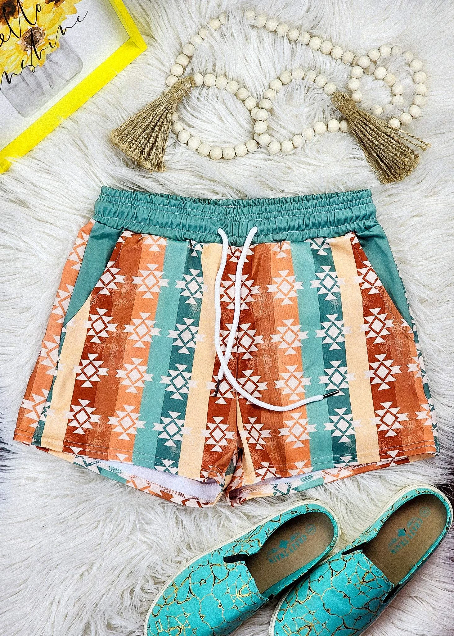 Warm Tones Aztec Drawstring Shorts