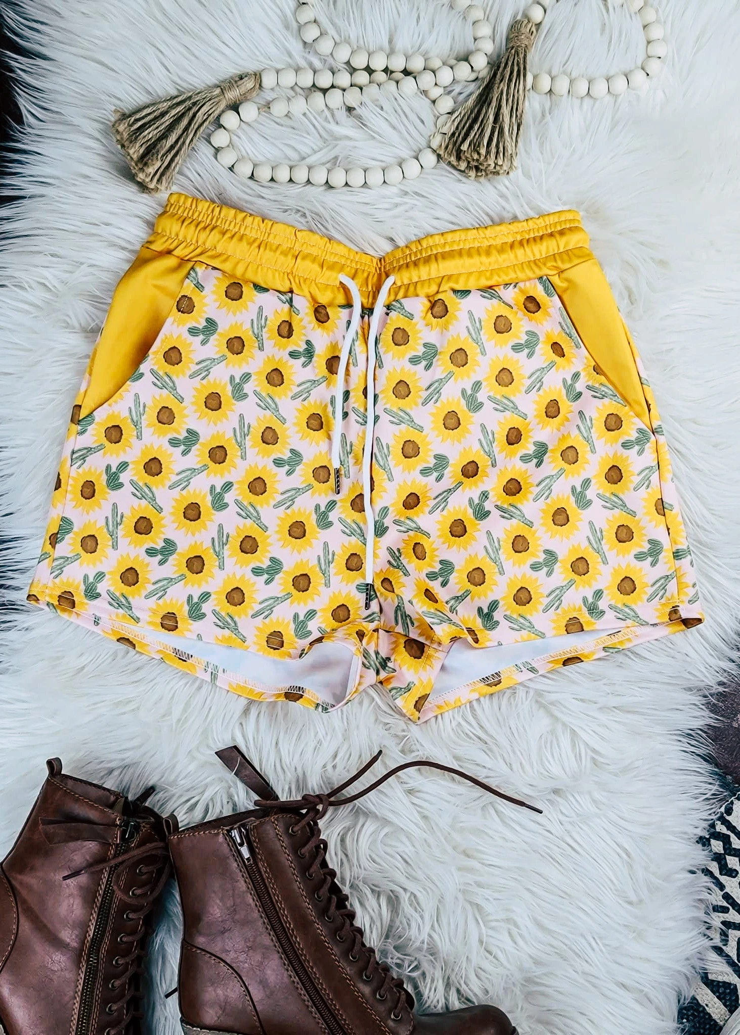 Yellow Sunflower & Cactus Drawstring Shorts