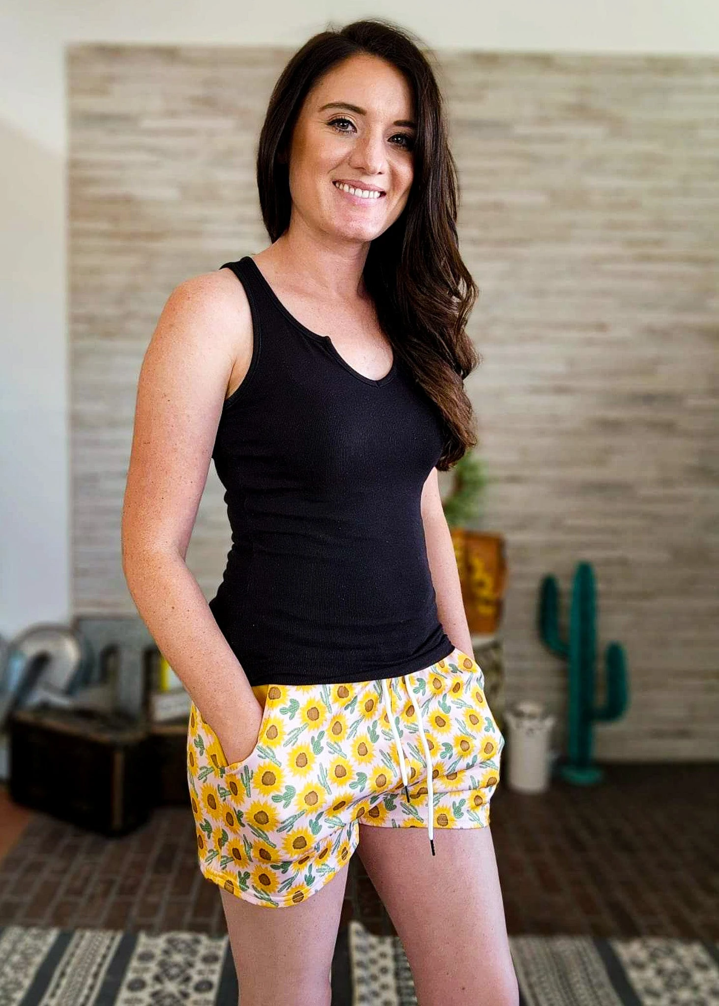 Yellow Sunflower & Cactus Drawstring Shorts - Image 3