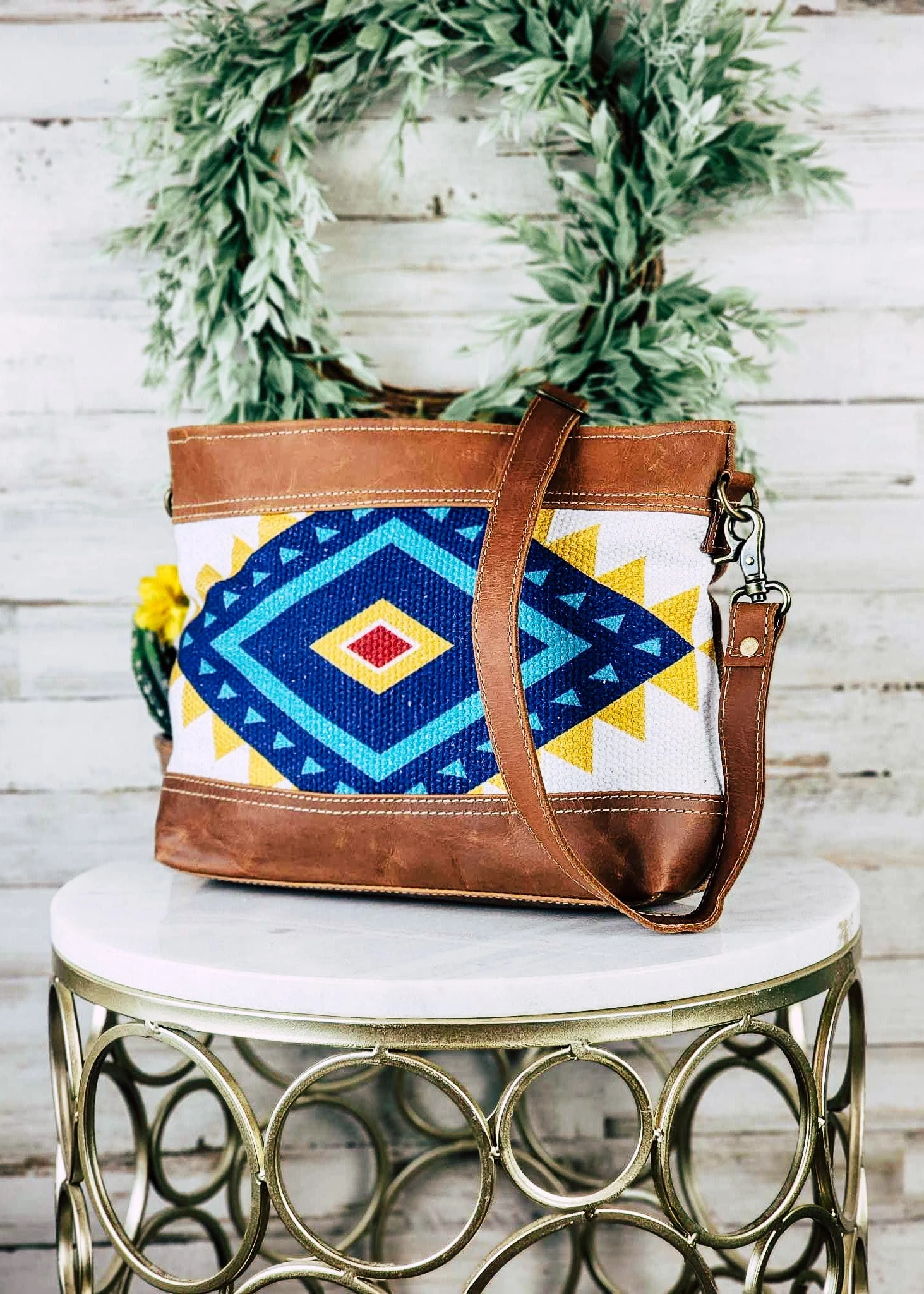 Yellow & Blue Aztec Crossbody Handbag - Image 2