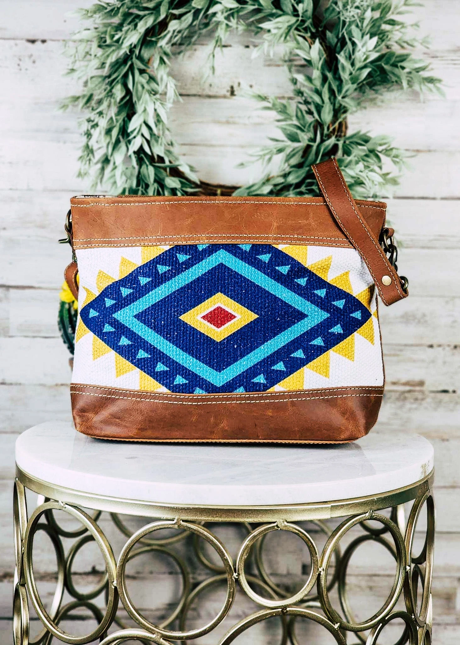 Yellow & Blue Aztec Crossbody Handbag