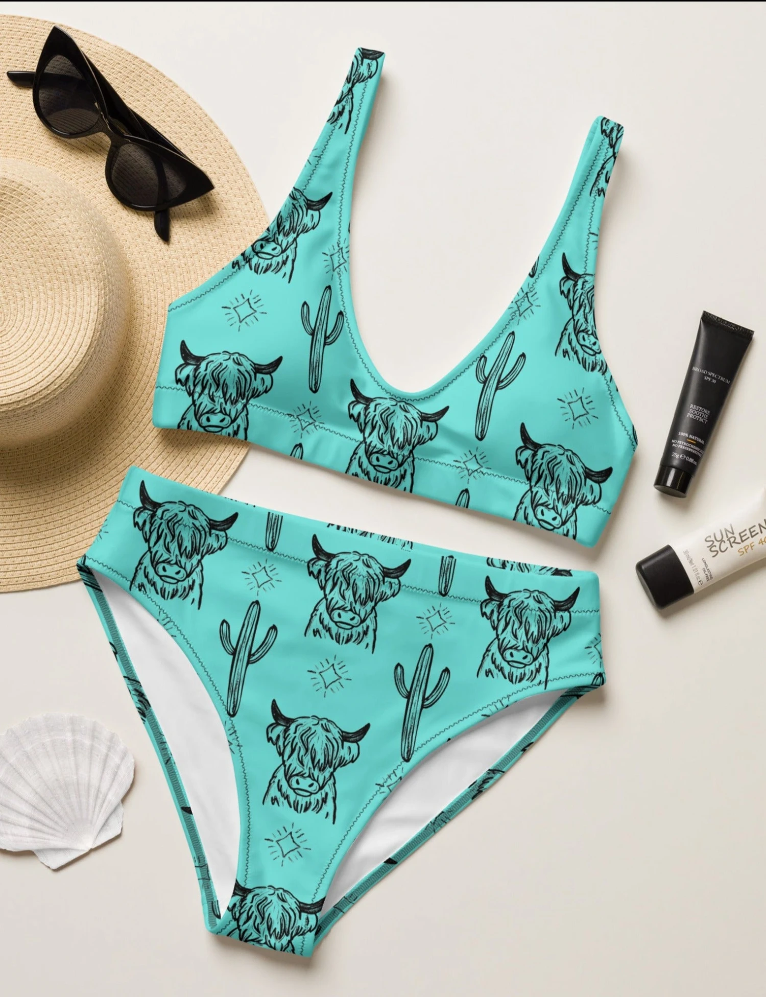 Turquoise Highland Cow High Waisted Bikini