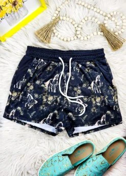 Black Vintage Floral Horse Drawstring Shorts