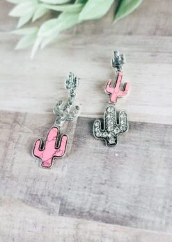 Pink And Silver Cactus Earrings