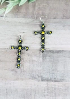 Yellow Western Concho Cross Earrings