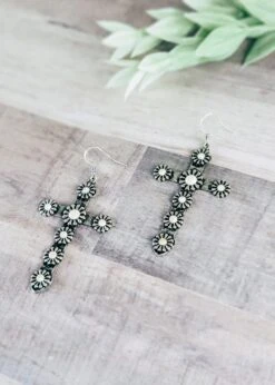 White Western Concho Cross Earrings