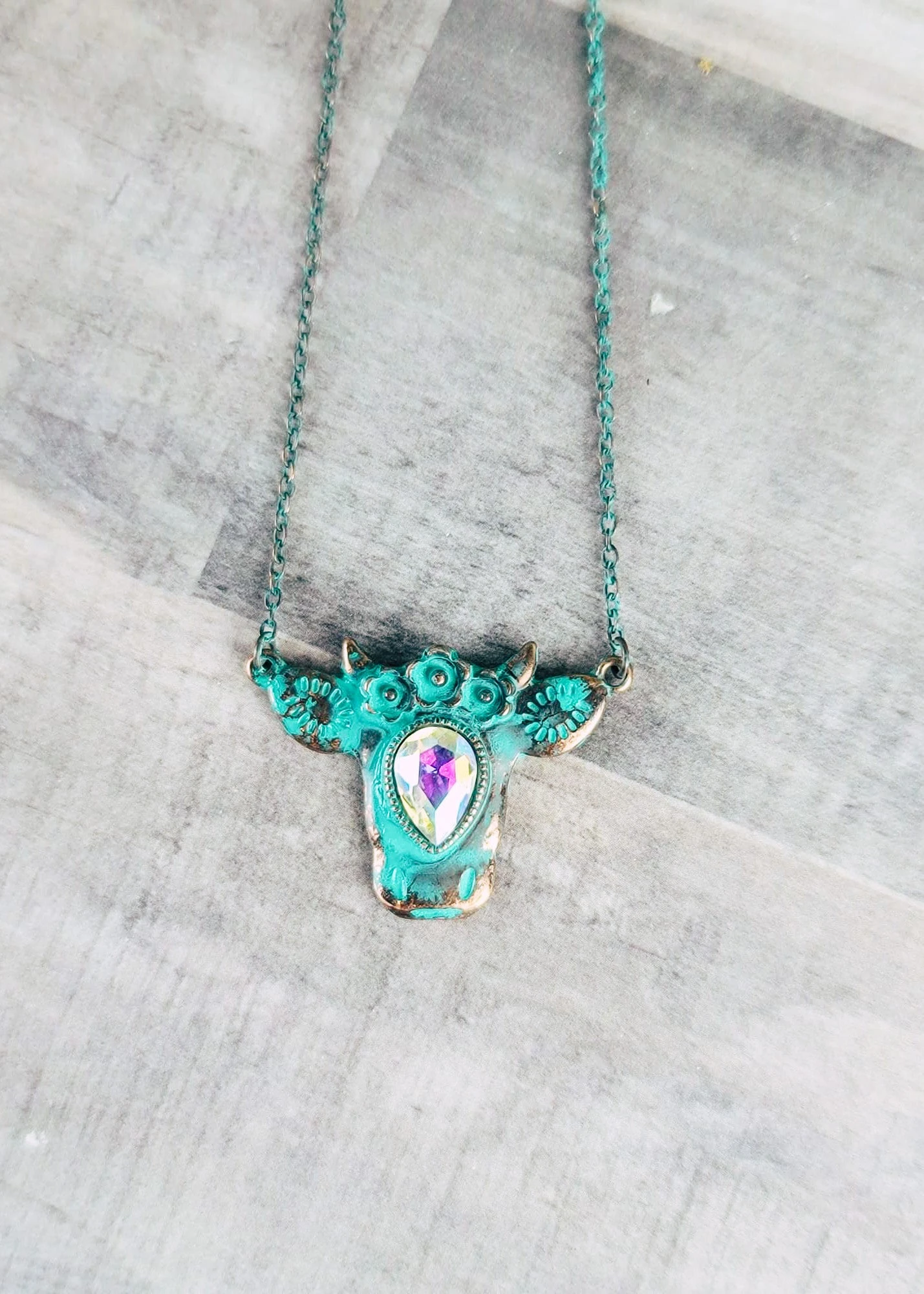 Patina Rhinestone Cow Necklace - Image 2