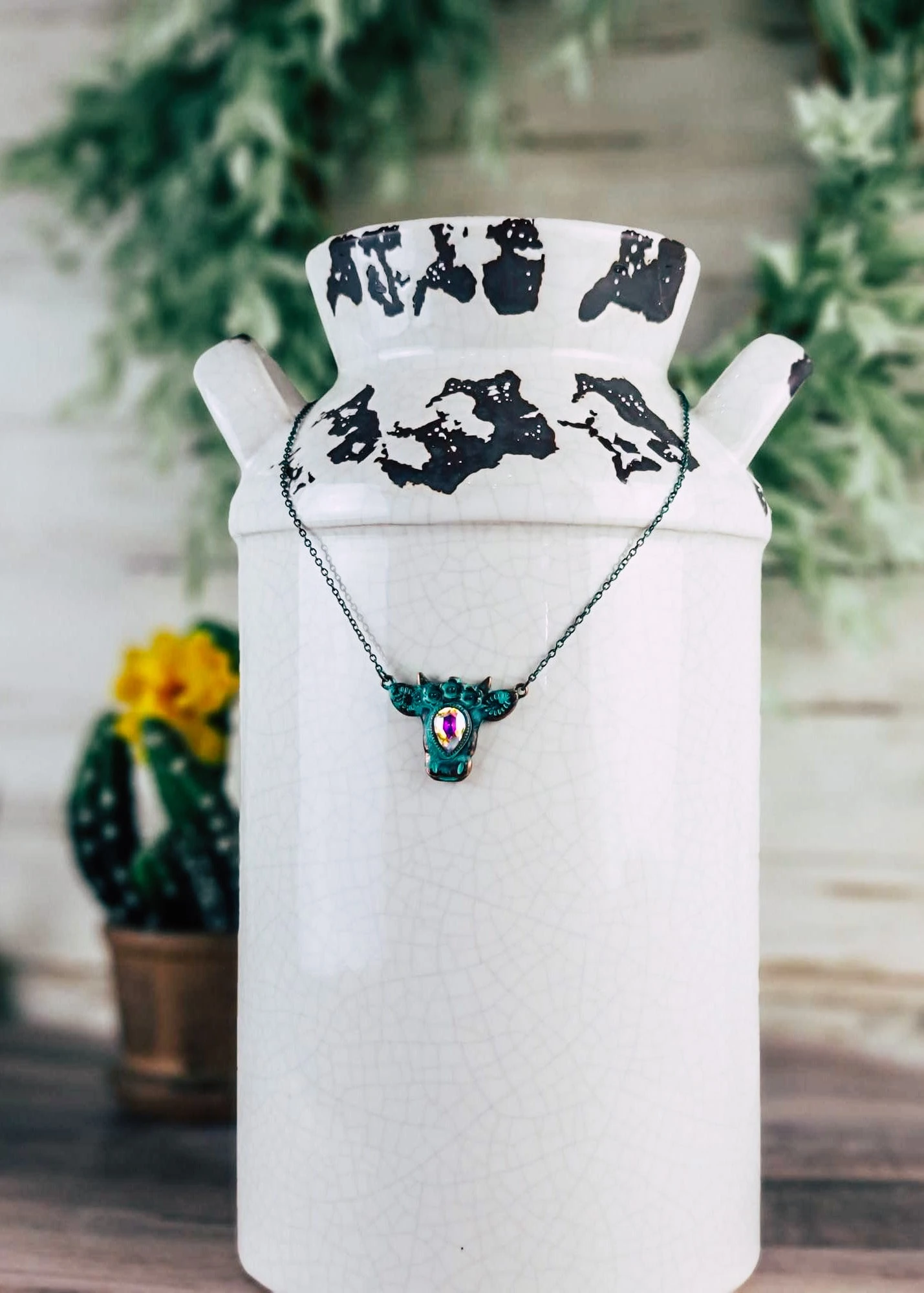 Patina Rhinestone Cow Necklace - Image 3