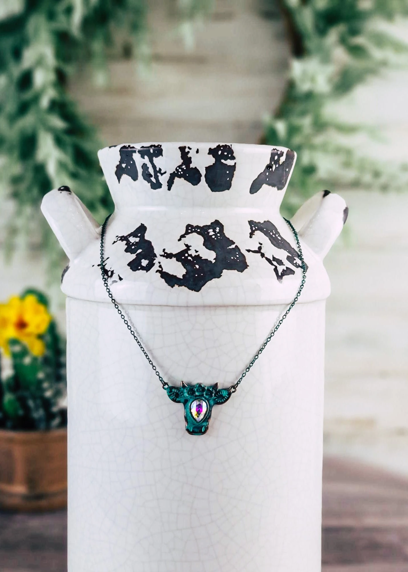 Patina Rhinestone Cow Necklace