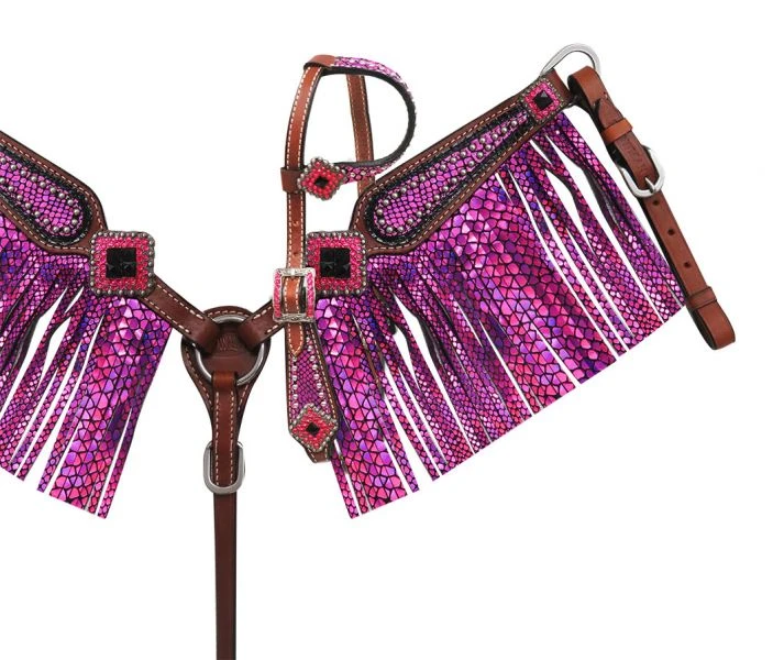 MINI Size Purple Snake Fringe Headstall Set
