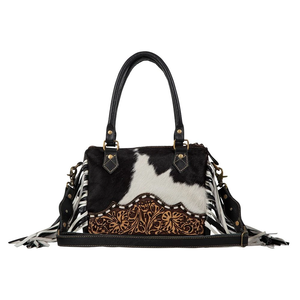 Concealed Carry Black & White Fringe Cowhide Crossbody Handbag - Image 3