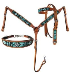 Teal & Black Beaded Aztec 3 Piece Headstall Set
