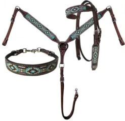 Teal & Gold Beaded 3 Piece Headstall Set