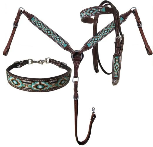 Teal & Gold Beaded 3 Piece Headstall Set