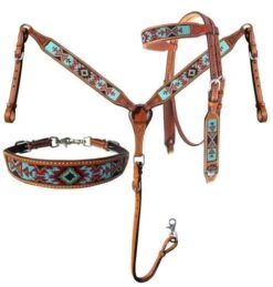 Teal & Brown Beaded 3 Piece Headstall Set