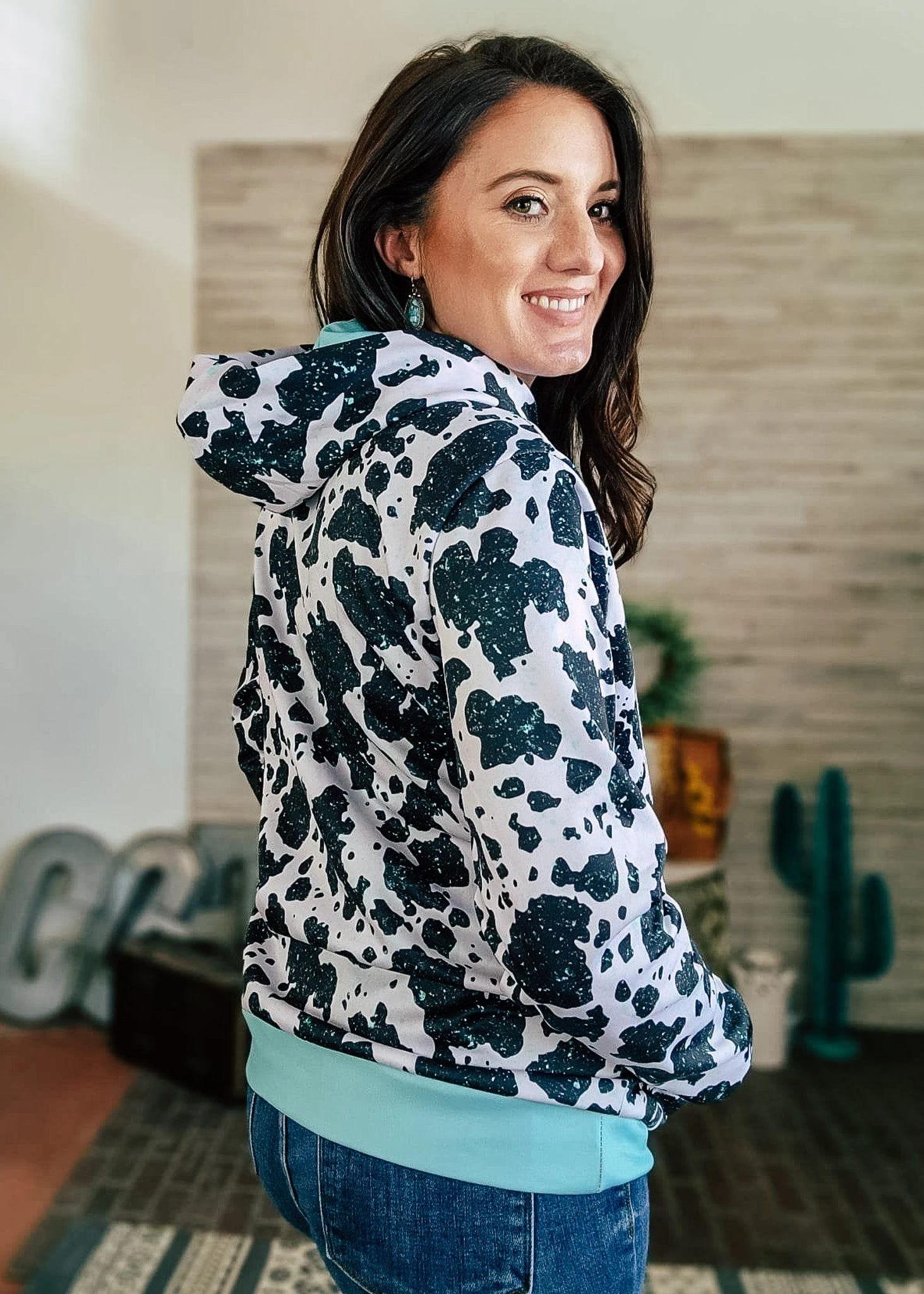 Cowprint Turquoise Hoodie - Image 2